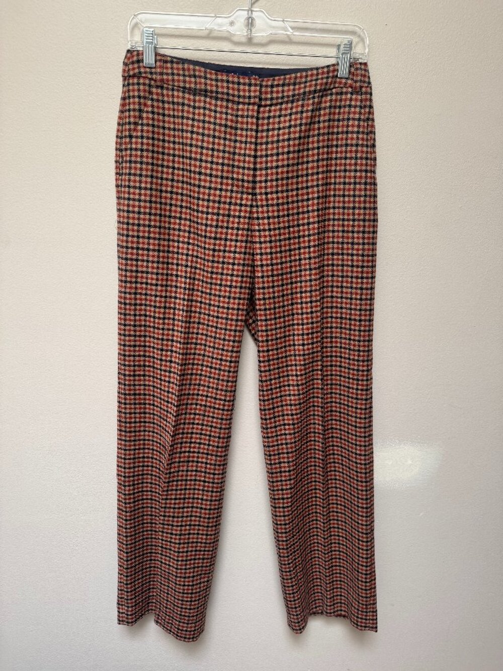 Boden British Tweed Wool Plaid Pants Women 4R Camel Navy Straight Leg Trousers